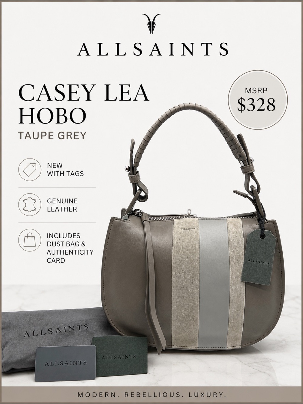 AllSaints Casey Lea Hobo Taupe Grey Leather Bag NWT MSRP $328 w/ Dust Bag
